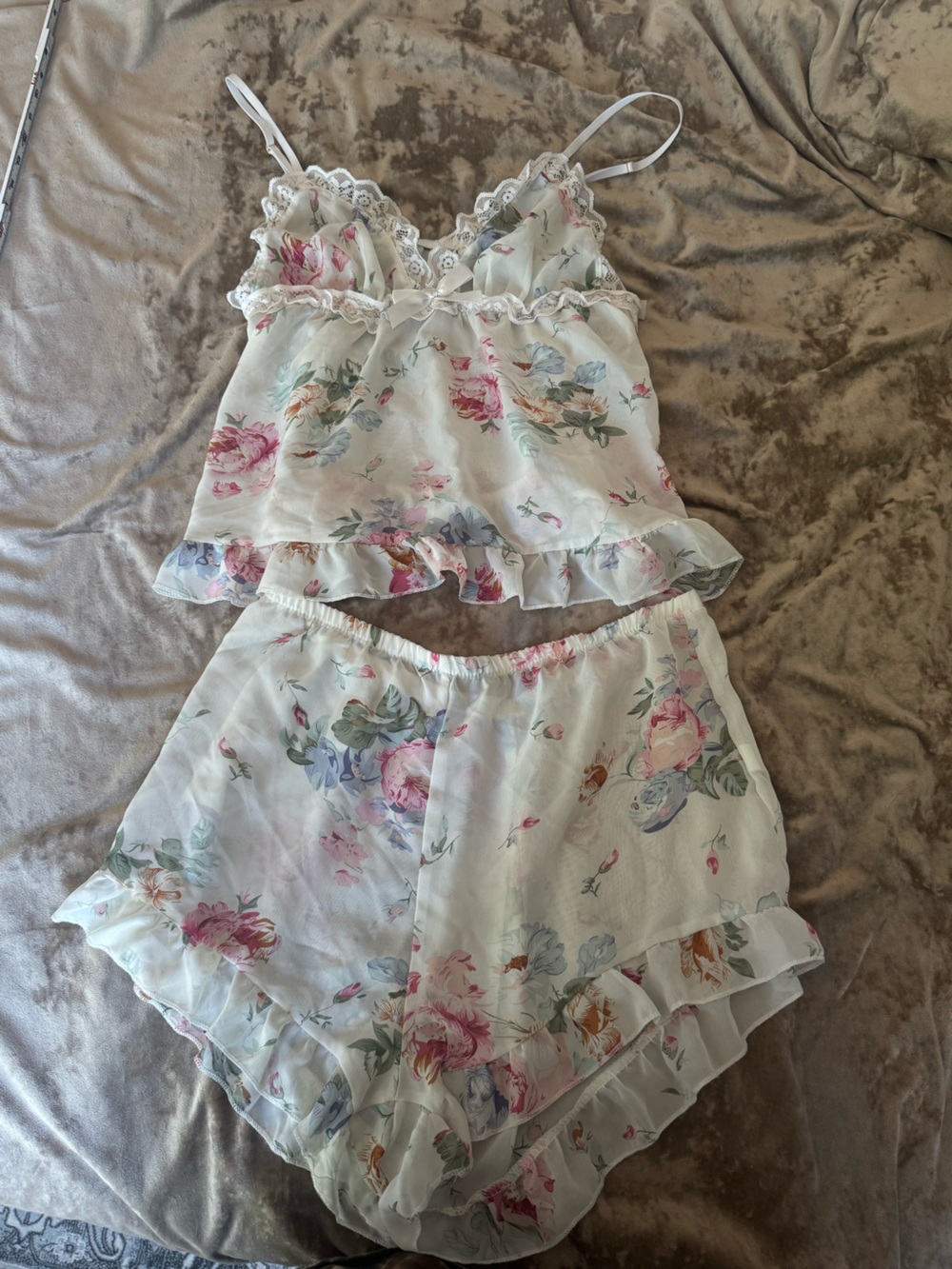 Floral Chiffon Pajama Set Co-ord Lace Camisole Shorts 2pc